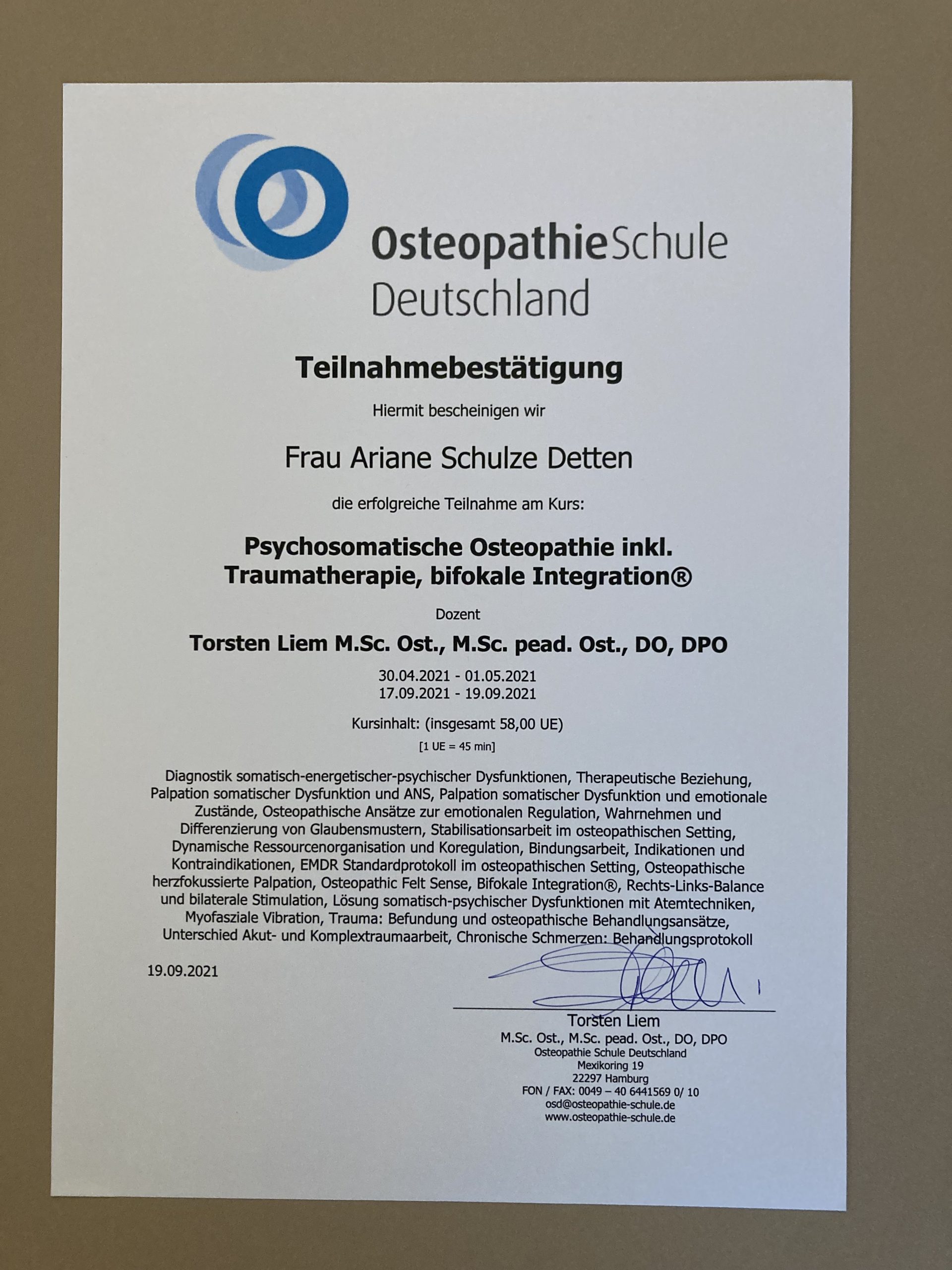 Read more about the article Fortbildung Psychosomatische Osteopathie, Traumatherapie, bifokale Integration Vol.2